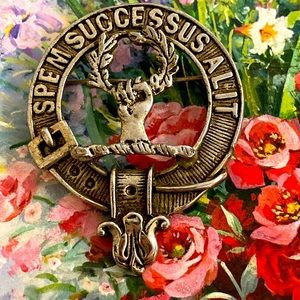 Vintage 80s Scottish Clan Crest Cap Badge signed Scotland Metal Broach